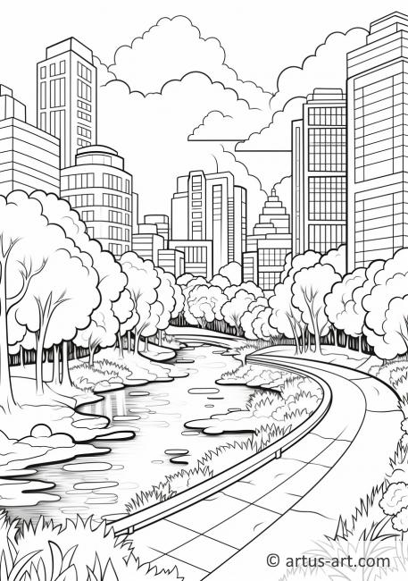 Page de coloriage du parc de la ville avec un étang